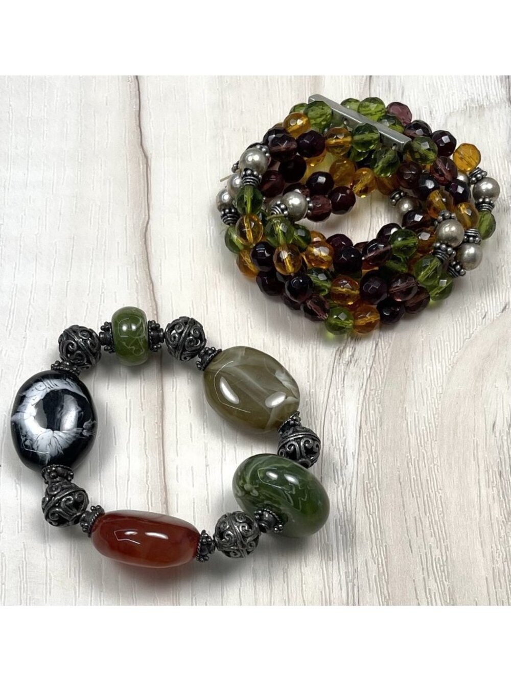 Lot 2 Handmade Beaded Stone Stretchy Bohemian Jewel Tone BRACELETS Sterling EUC